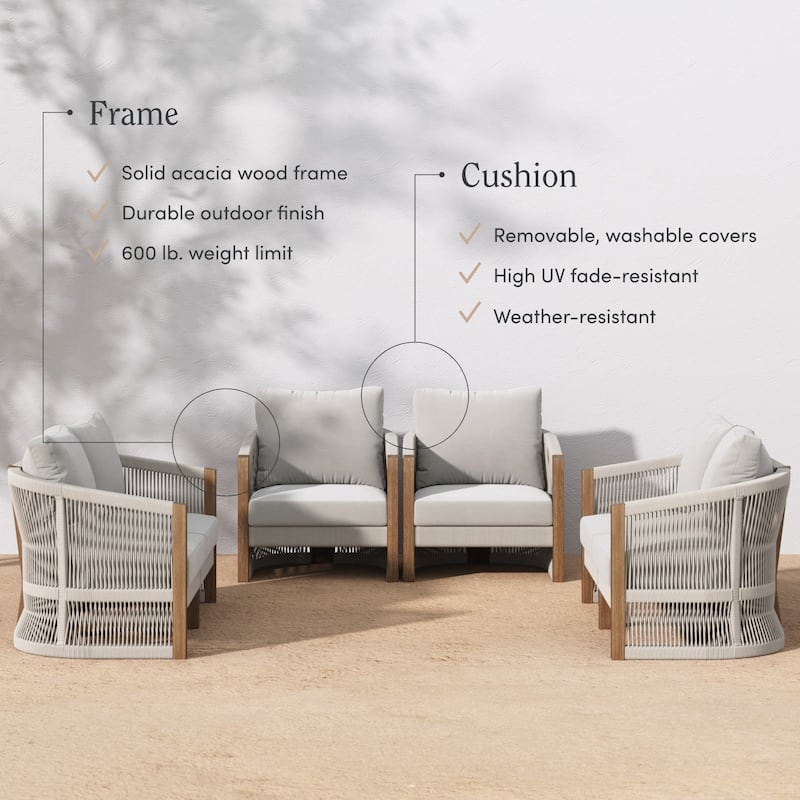Jagger Farmhouse Patio Seating with Solid Acacia Wood Frame, Cushions, and Rope Accent