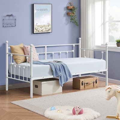 VECELO Roman Column Daybed 79" Iron Frame Space Saving Daybed Set with Rolling Trundle for Guest Teen Room Black or White