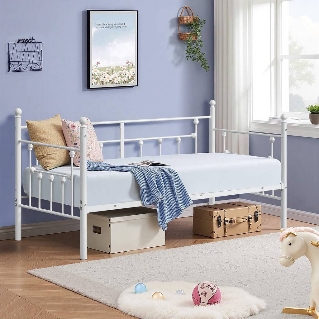 VECELO White Twin-Size Daybed with Roman Column Design Heavy-Duty Metal Frame for Kids Living Room and Guest Bed