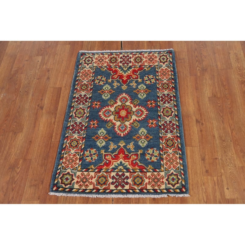 Blue Geometric Kazak Oriental Foyer Rug Handmade Wool Carpet - 2'0" x 3'0"