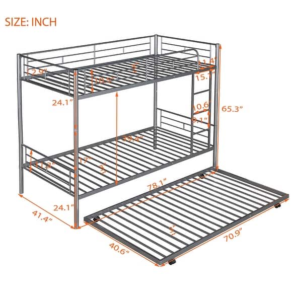 Silver Twin over Twin Metal Bunk Bed with Trundle, Dividable into Two Beds