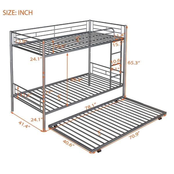 Twin over Twin Metal Bunk Bed With Trundle, Ladder, Silver