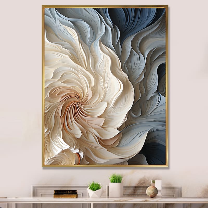 Designart "White And Blue Feather Spiral II" Abstract Geometric Blue Wall Decor - Modern Entryway Framed Wall Art - 34 in. wide x 44 in. high - Gold
