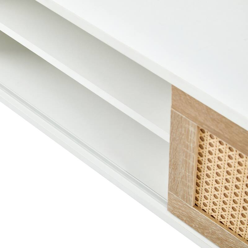 55" Rattan TV Stand with Sliding Doors, Mid Century Media Console with Adjustable Shelf & Solid Wood Legs for Living Room