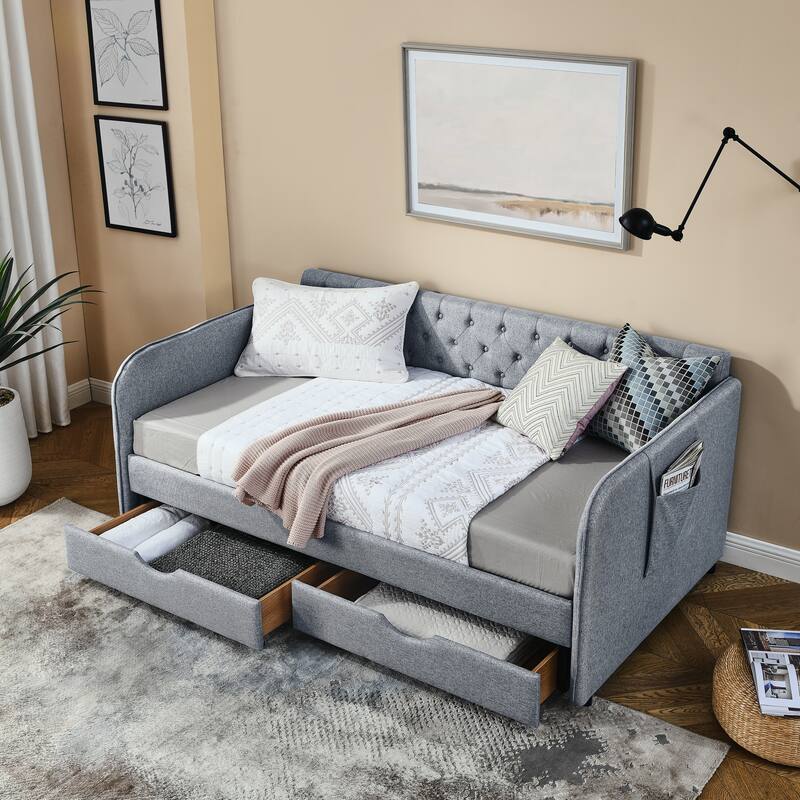 Grey Twin Upholstery Daybed with Trundle & 2 Storage Drawers
