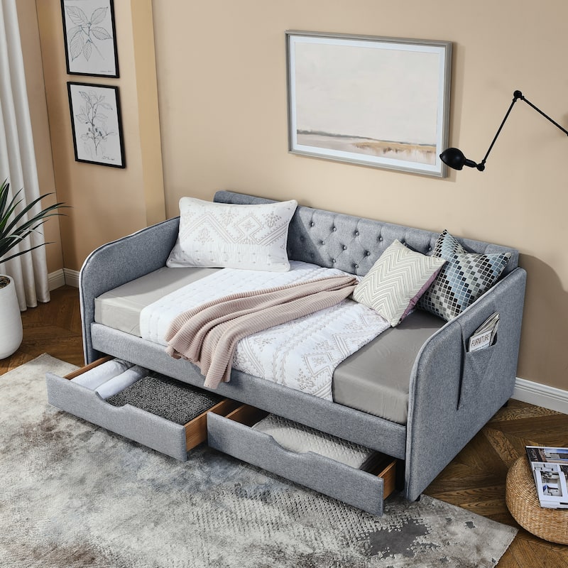 Twin Size Upholstery Daybed with Trundle and Two Storage Drawers for Bedroom