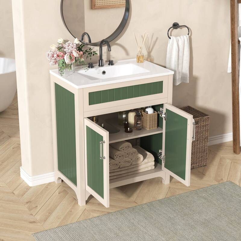 30 Inch Single Sink Freestanding Bathroom Vanity in Green with White Ceramic Top
