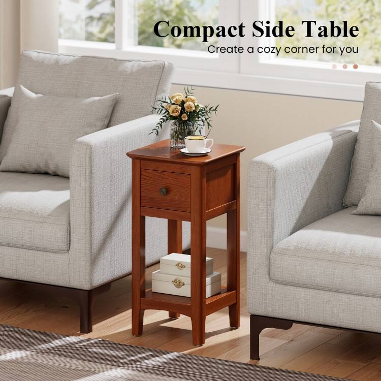 3 Tier Wooden Nightstand with Drawer and Shelf Solid Pine Side Table for Bedroom Living Room Compact End Table