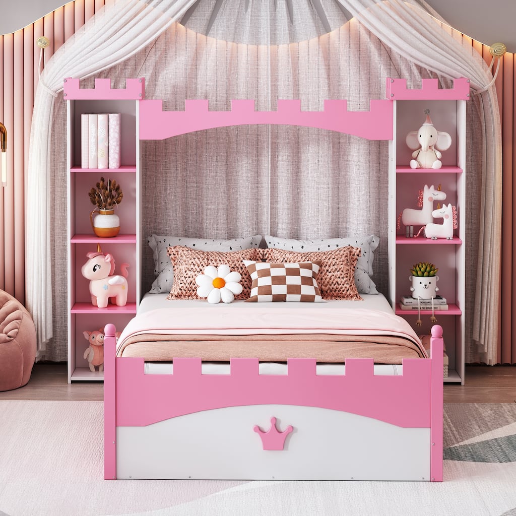 Twin Size Castle-Shaped Kids Platform Bed Frame with Storage Shelf, Wood Princess Storage Bed