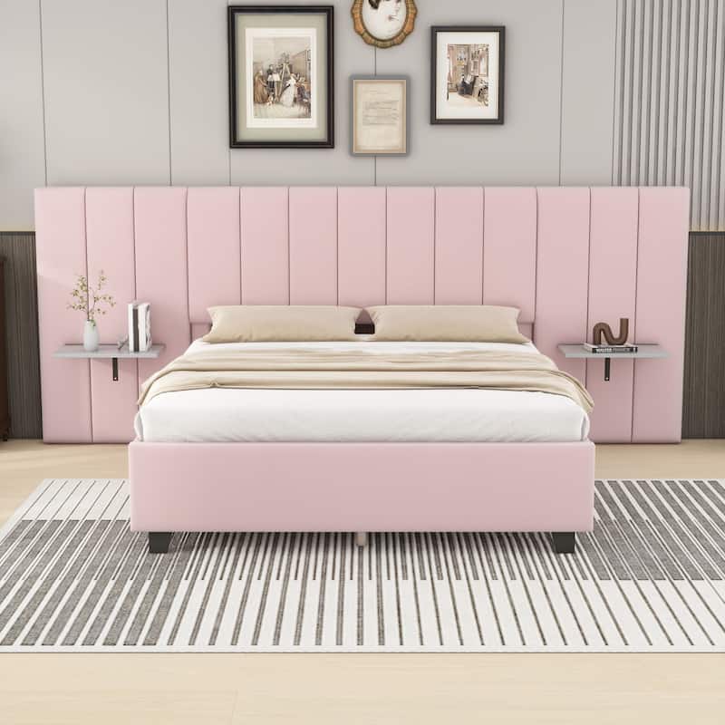 Velvet Upholstered Platform Bed - Pink - Full