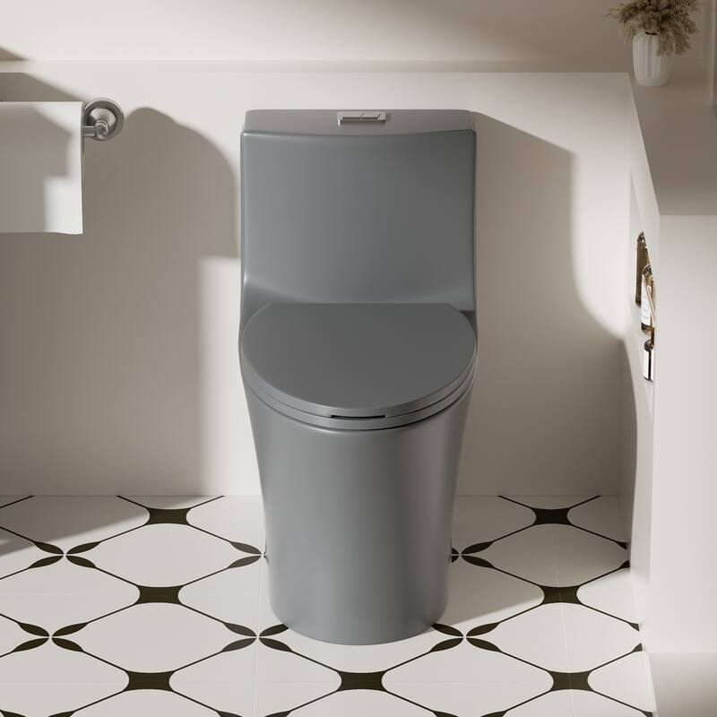 1.1/1.6 GPF Tornado Flush One-Piece Toilet Elongated, Siphonic S-trap 12",Soft Closing Seat, Button on Tank top - LIGHT GREY