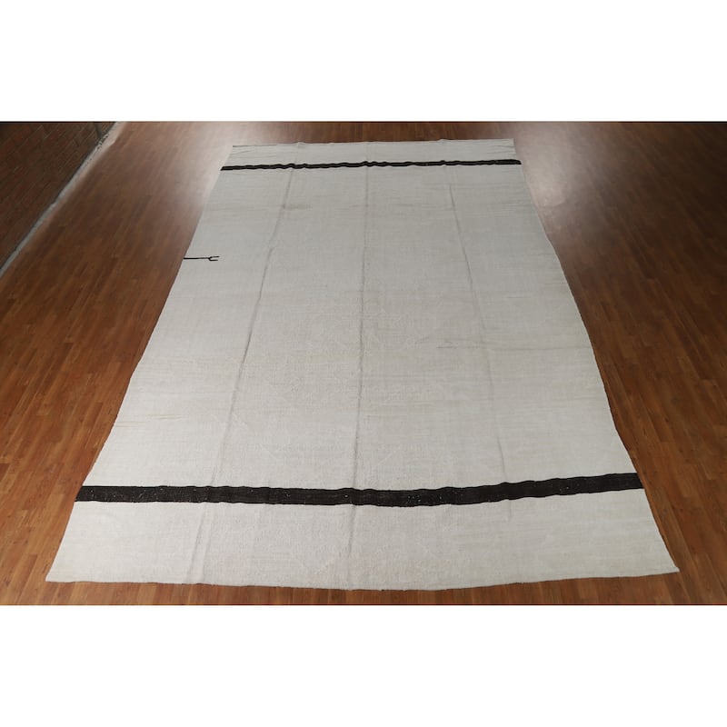 Hand Woven Oriental Cotton Carpet Modern Tribal Beige & Ivories Kilim Area Rug - 15' 1'' X 9' 8''