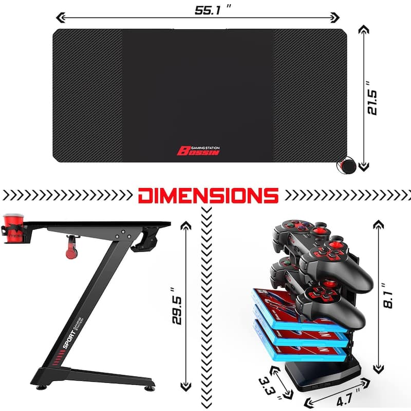 BOSSIN Ergonomic Gaming Desk Z-Shaped Office PC Computer Desk Gamer Tables with Cup Holder and Headphone Hook