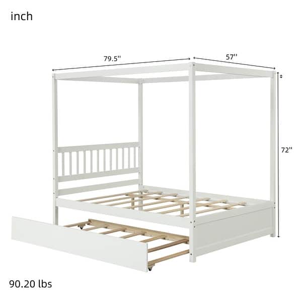 dimension image slide 1 of 2, Nestfair Full Size Canopy Bed with Twin Trundle, Kids Solid Wood Platform Bed Frame w/ Headboard, No Box Spring Needed
