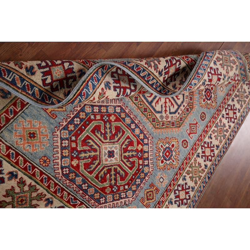 Blue Geometric Kazak Accent Rug Hand-Knotted Wool Carpet - 4'1" x 5'10"