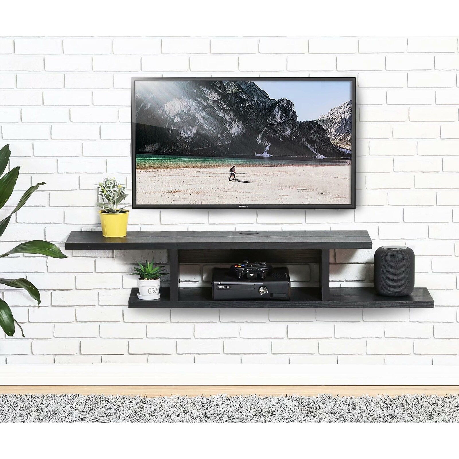 Fitueyes Wood Floating Shelves Wall Mount TV Stand Media Console Black Grain 