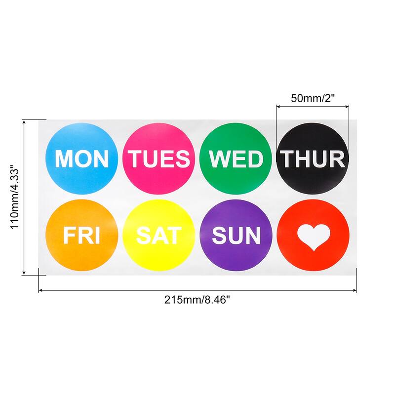 7 Days of the Week Labels Color Coding Sticker Round 50mm with a Heart - 30Pcs