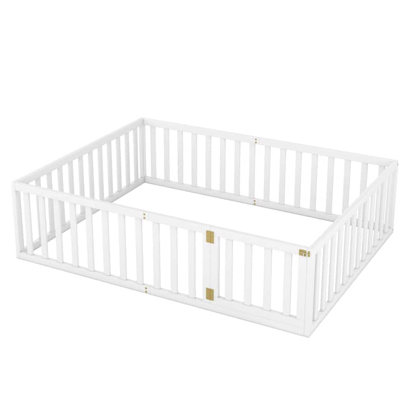 Queen Size Wood Floor Bed Frame with Fence and Door, Open Design