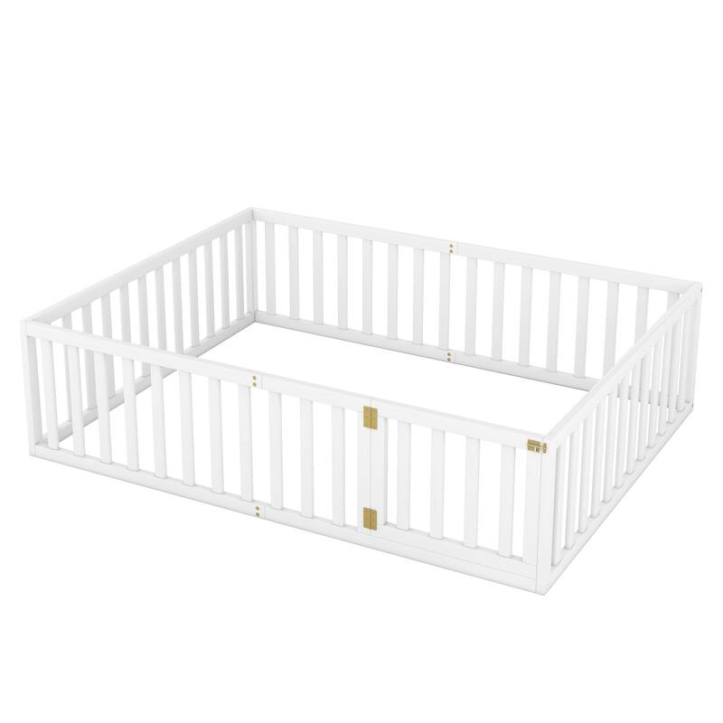 Queen Size Wood Floor Bed Frame with Fence and Door, White