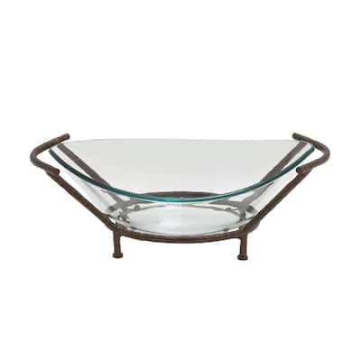 Tempered Glass Kitchen Serving Bowl with Brown Metal Base - Clear - Roche River Decor