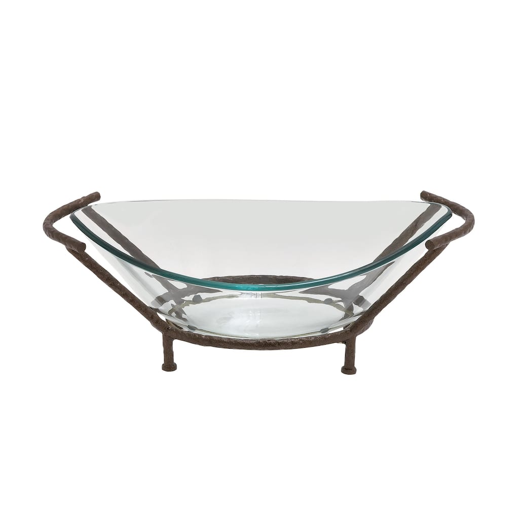 Tempered Glass Kitchen Serving Bowl with Brown Metal Base - Clear - Roche River Decor