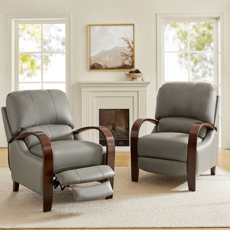 Alex Mid-century Modern Genuine Leather Manual Recliner with Wooden Curved Arms, Set of 2