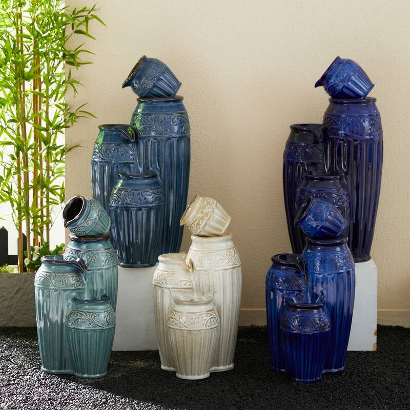 Glitzhome 27"H/35"H 4-Tier Embossed Pattern LED Ceramic Pots Fountain
