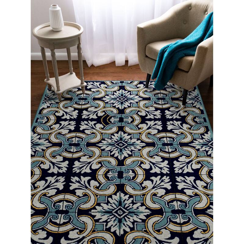 Liora Manne Ravella Floral Tile Indoor/Outdoor Rug Navy 7'6" x 9'6"