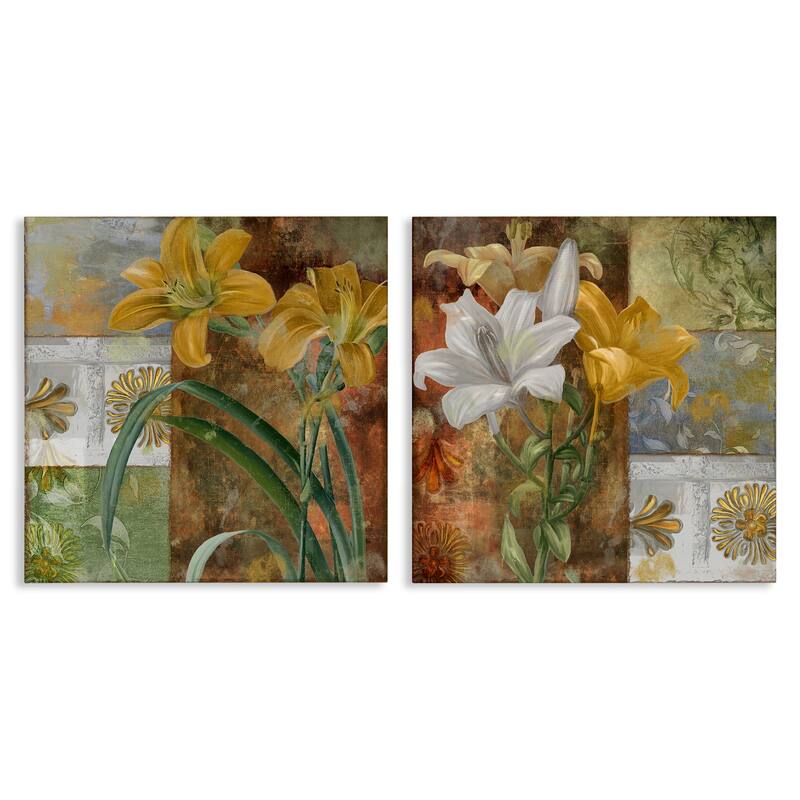 Stupell Lilies & Vintage Tile Patterns Canvas Wall Art Design By Sasha (Set of 2) - 17 x 17