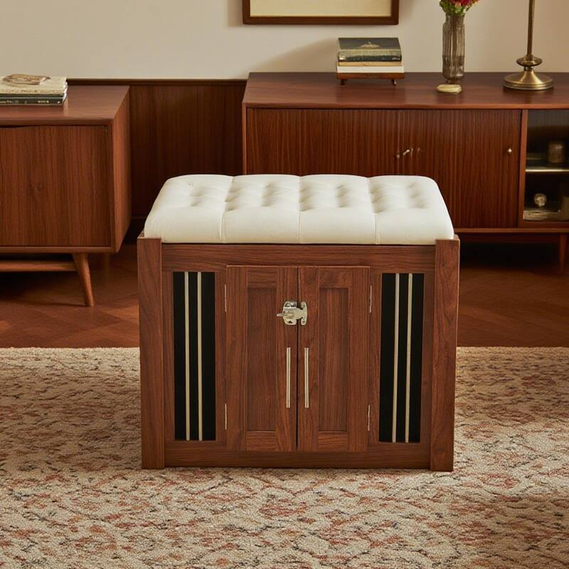 30.25"L, Furniture Style 2 in 1 Dog Crate with Padded Seat, Sliding Barn Door, Luxury Wooden Dog Kennel