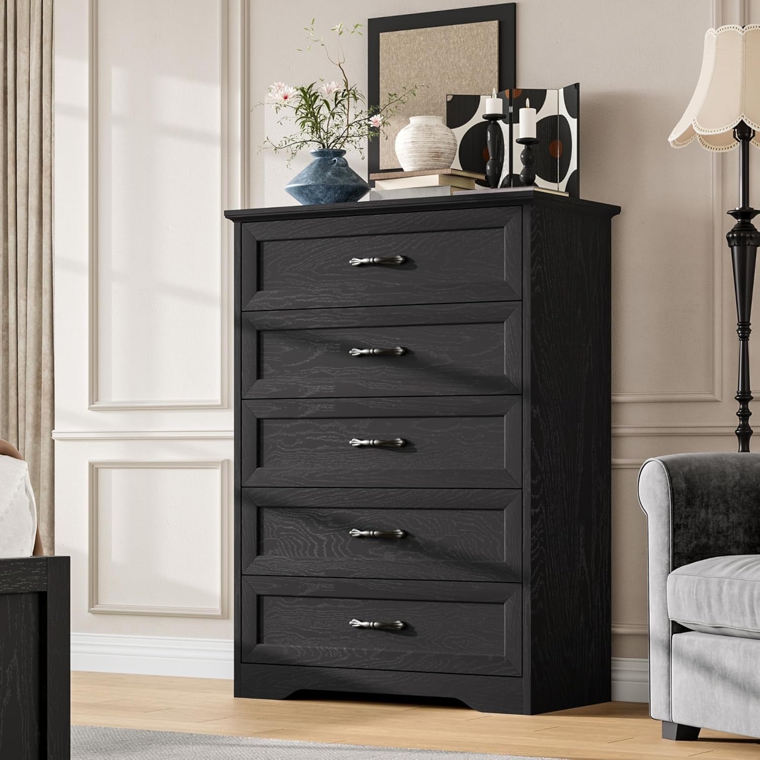 Black 5 Drawer Dresser for Bedroom, Tall Wooden Chest of Drawers