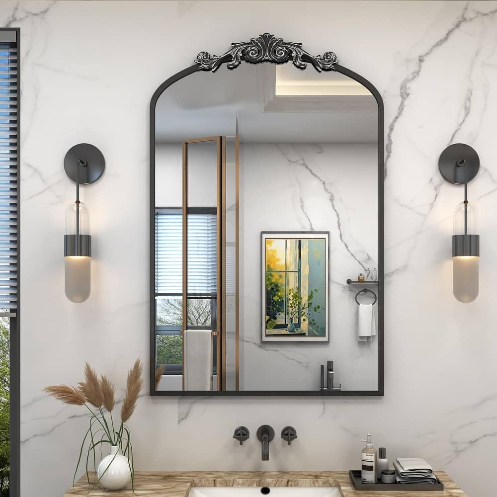 Arched Vintage Wall Mirror and Metal Frame Baroque Style Bathroom Vanity Mirror