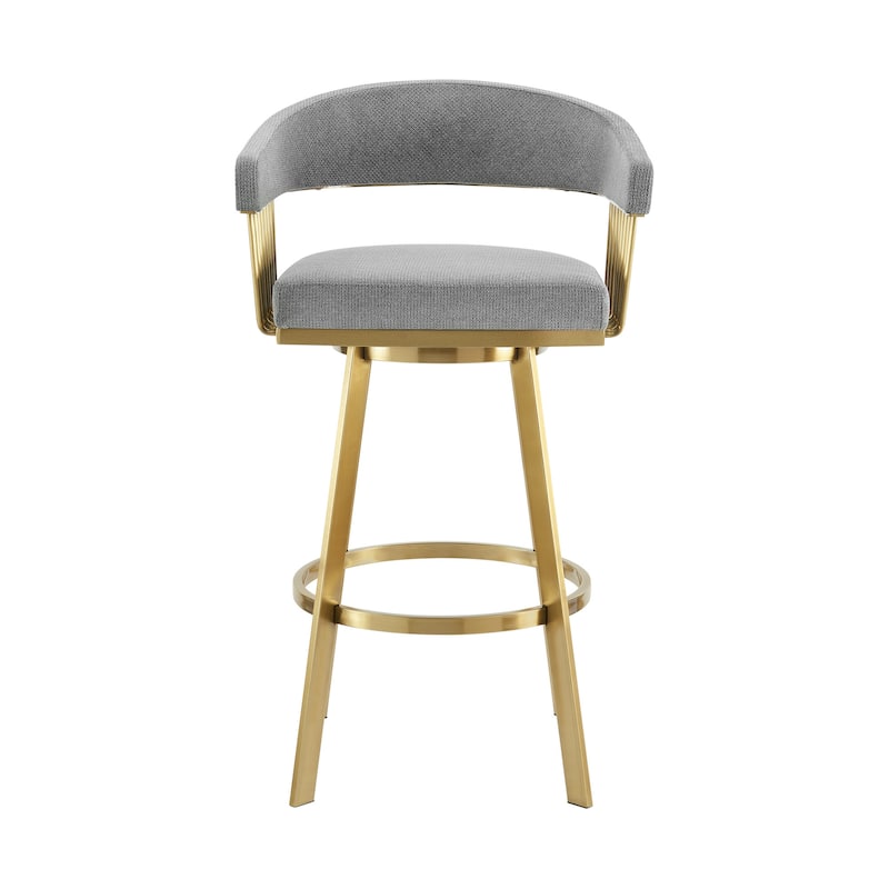 HomeRoots 26" Gray and Gold Fabric and Stainless Steel Low Back Counter Height Swivel Bar Chair