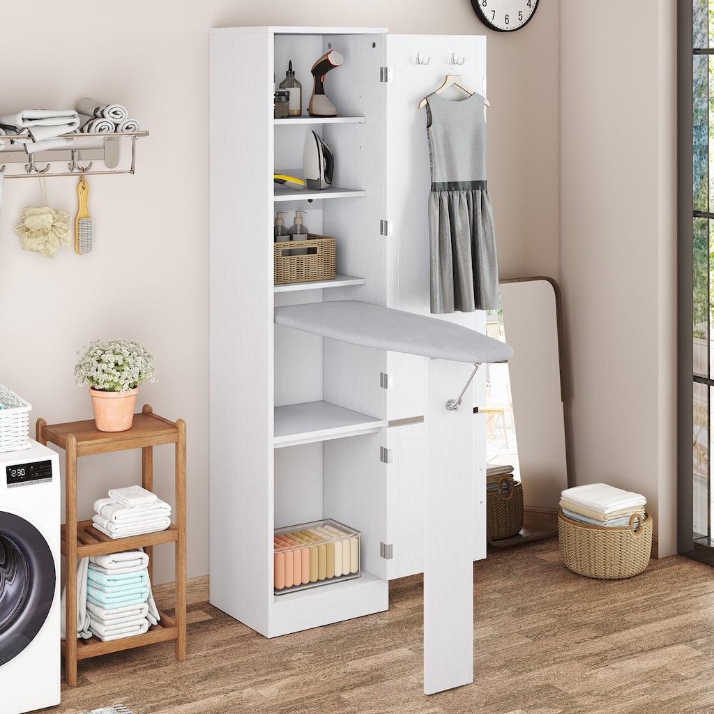 Moasis In Wall Ironing Board Cabinet with Foldable Board and Adjustable Shelves