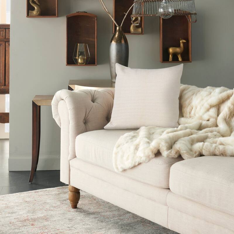 20" Beige and White Hand Woven Stonewash Striped Square Throw Pillow