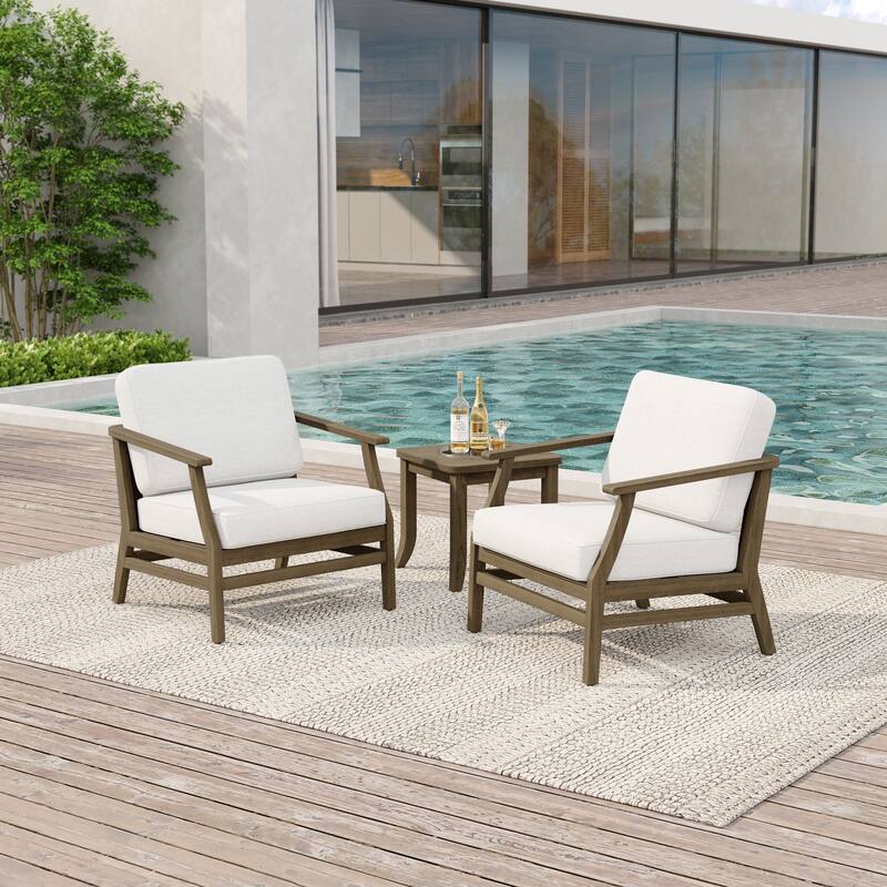 2 Set Patio Teak Wood Outdoor Chair and Side Table Set with Cushions