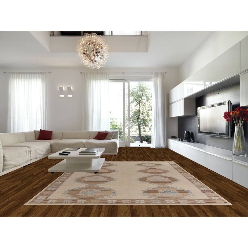 Hand Knotted Oriental 100% Wool Carpet Transitional Geometric Beige & Ivories Oushak Area Rug - 13' 6'' X 10' 3''