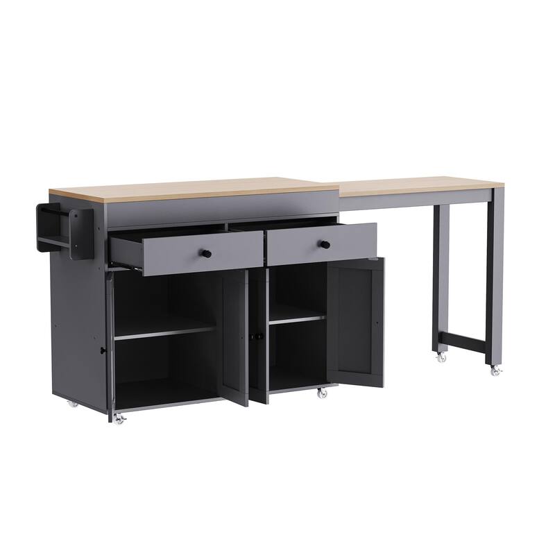 Kitchen Island with Extendable Dining Table, Dining Table Set with Spice Rack, Kitchen Storage Cart with 4 Door Cabinet