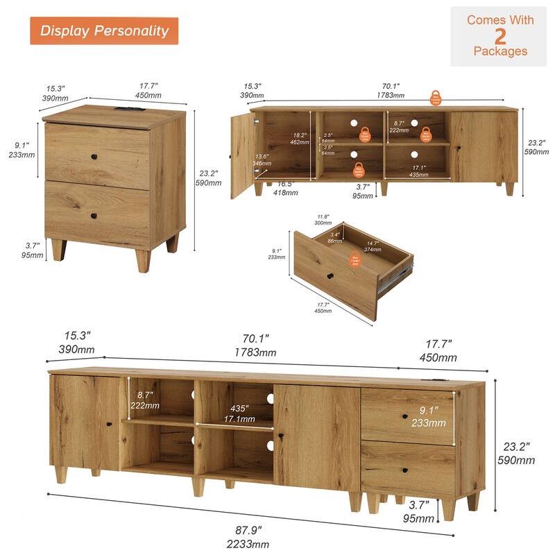 WAMPAT Wood TV Stand with Drawer & Charging Station for 100 Inches TVs