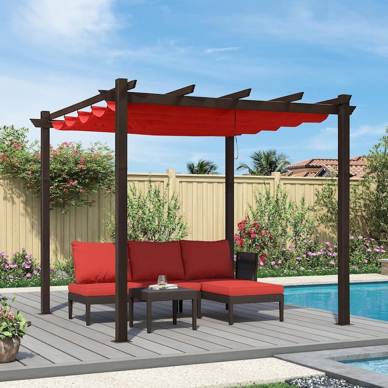 PURPLE LEAF Outdoor Retractable Bronze Metal Pergola w Canopy for Beach Deck Gazebo - 10ft x 10ft - Terra Canopy
