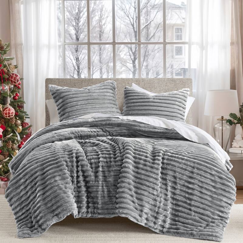 Chelsea Square Avril Fluffy Ribbed Plush Comforter Set - Gray - Queen