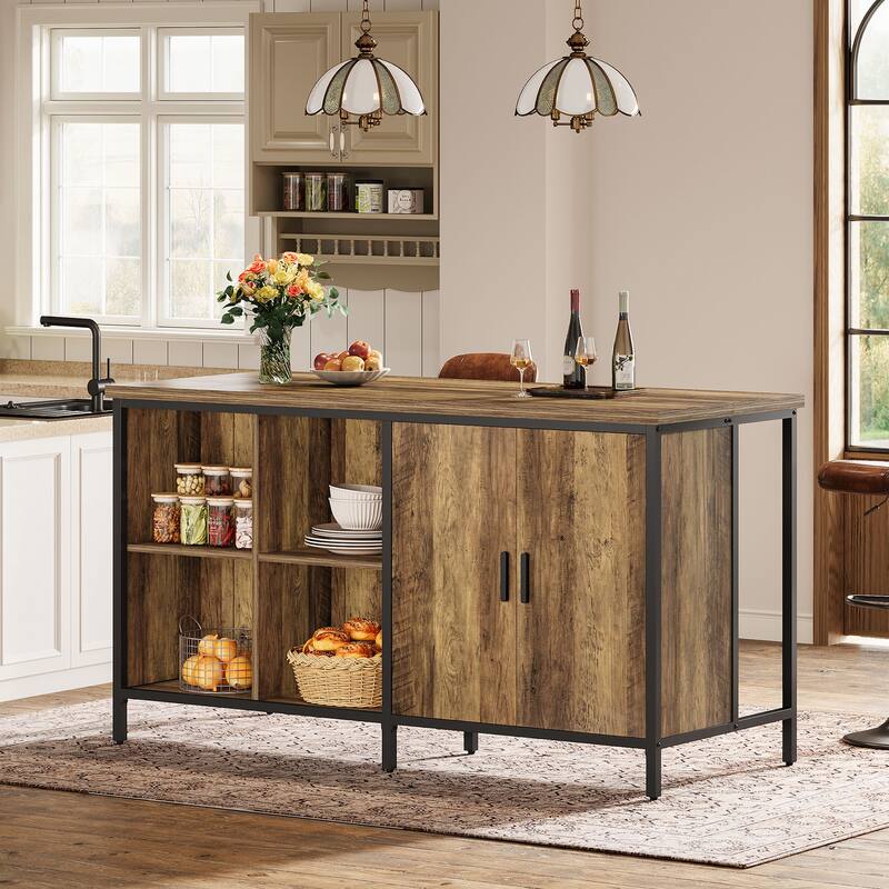 63" Industrial Kitchen Island with Seating, Storage & Cabinet - N/A - Brown