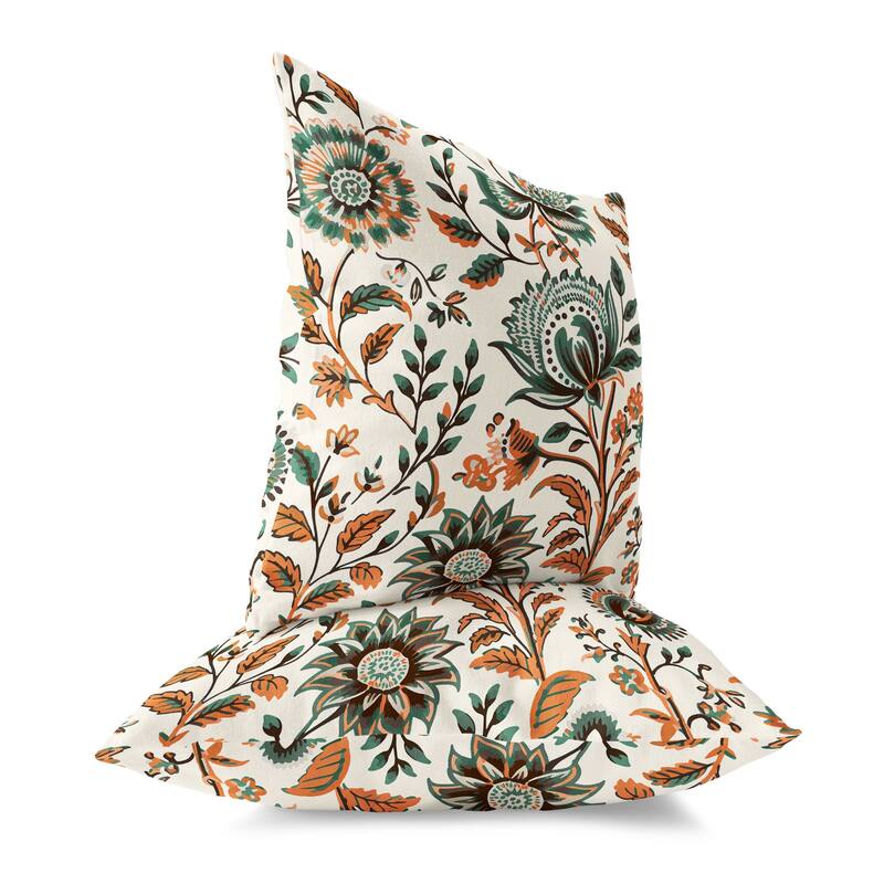 Orange And Teal Sanganeri Block Print Indoor/Outdoor Throw Pillow Zipper