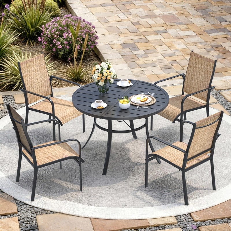Patio Dining Set, Outdoor Dining Table and Chairs Set with Textilene Chairs, Adjustable Umbrella Hole for Garden, Backyard