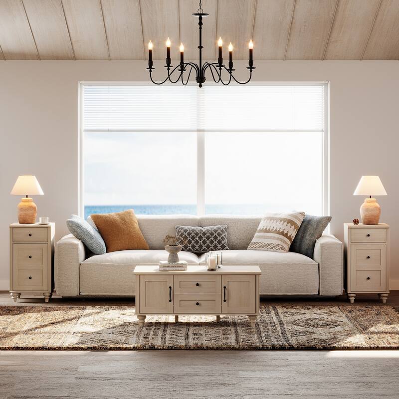 Set of 2 End Tables with Charging Station & Drawer Storage Cabinet - Light Beige