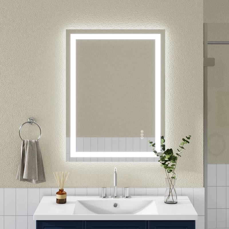 Clear Frameless LED Bathroom Mirror with Tempered Glass, Anti-Fog - 24" L x 32" H