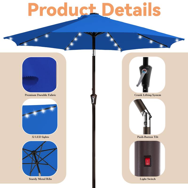 9ft Patio Market Umbrella with LED Lights,Crank & Tilt