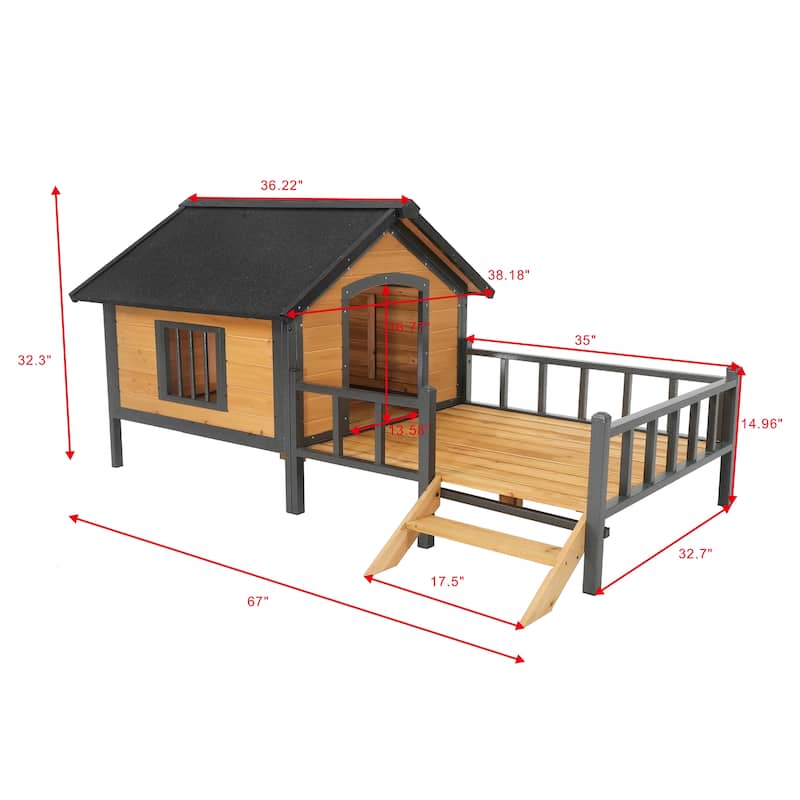 Outdoor Wooden Elevated Dog House Pet House with Porch, Metal Frame, Waterproof, Suitable for Medium and Large Dogs