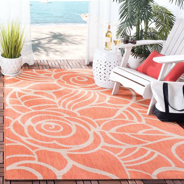 SAFAVIEH Courtyard Lorrayne Floral Geo Indoor/ Outdoor Area Rug - 4' x 5'7" - Rust/Sand