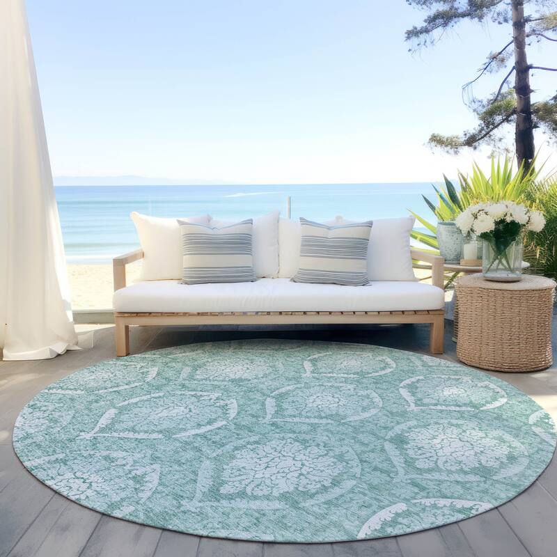 Machine Washable Indoor/ Outdoor Chantille Traditional Damask Rug - Turquoise - 8' x 8'
